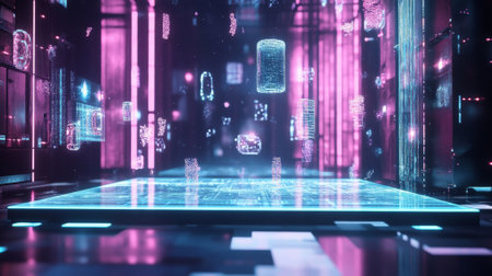 A high-tech display platform with a reflective surface, illuminated by soft pink and blue lights, surrounded by abstract, floating holographic shapes and patterns.の素材
