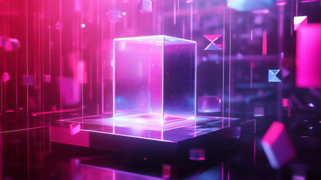 A modern product display with a transparent surface and dynamic neon lighting, surrounded by abstract, floating geometric shapes in a futuristic digital space.の素材