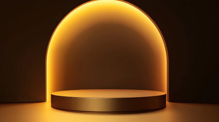 A matte gold podium with soft, rounded edges, highlighted by warm yellow lighting. The background features a gradient from dark brown to gold, creating a rich, luxurious atmosphere.の素材