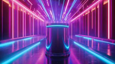A modern product display with a sleek, chrome pedestal and dynamic holographic effects, floating in a digital metaverse with vibrant, neon lighting.の素材