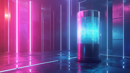 A modern product display with a sleek, chrome pedestal and dynamic holographic effects, floating in a digital metaverse with vibrant, neon lighting.の素材