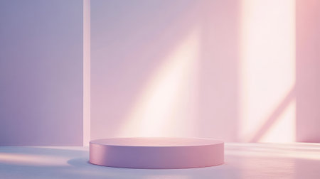 A pale pink podium with a matte surface, highlighted by soft lighting. The background features a gradient from light lavender to pastel blue, creating a delicate, calming space for product mock-ups.の素材