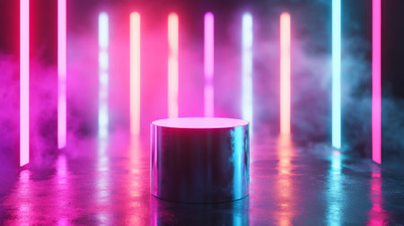 A modern product display with a sleek, chrome pedestal and dynamic holographic effects, floating in a digital metaverse with vibrant, neon lighting.の素材