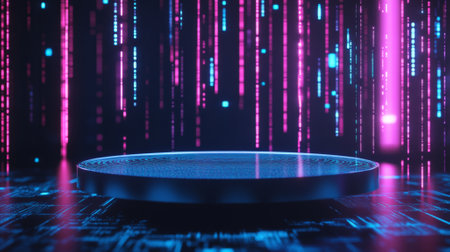 A minimalistic floating pedestal with a metallic finish, set against a dark virtual background filled with neon data streams and holographic patterns, giving the presentation a sleek, futuristic feel.の素材