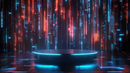 A minimalistic floating pedestal with a metallic finish, set against a dark virtual background filled with neon data streams and holographic patterns, giving the presentation a sleek, futuristic feel.の素材