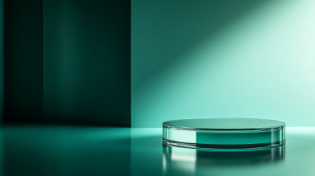 A reflective glass podium illuminated by soft teal lighting, placed in front of a gradient background from pale blue to dark green. The reflections and soft colors create a sleek, futuristic setting.の素材