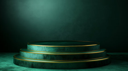 A rich emerald green podium with a velvety texture, highlighted by golden light. The background is a gradient of dark green to teal, creating a luxurious, elegant setting for premium products.の素材