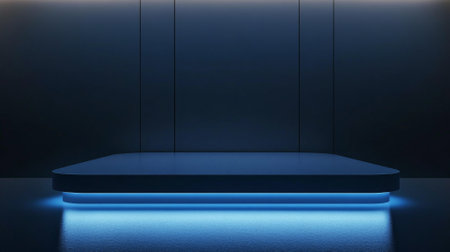 A sleek matte blue podium, highlighted by soft white lighting. The background features a gradient from deep blue to black, creating a bold, modern aesthetic for tech or luxury products.の素材