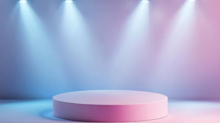 A sleek round podium with a soft pink surface, illuminated by soft blue and white spotlights. The background transitions from pastel blue to soft lavender, perfect for product mock-ups with a light, elegant atmosphere.の素材