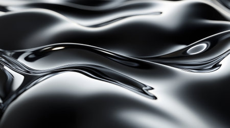 A sleek gradient of black and metallic silver, with fluid liquid waves creating a modern, luxurious design.の素材
