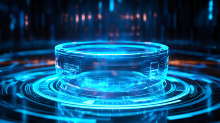 A sleek, modern display pedestal with a transparent holographic base and dynamic neon-blue accents, set in a high-tech environment with swirling digital patterns.の素材