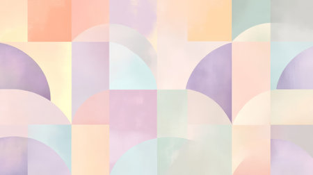 A soft flat geometric background with layered semicircles and squares in pastel hues of mint, lavender, and peach, creating a peaceful, harmonious design.の素材