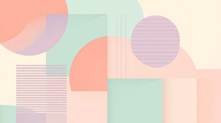 A soft flat geometric background with layered semicircles and squares in pastel hues of mint, lavender, and peach, creating a peaceful, harmonious design.の素材