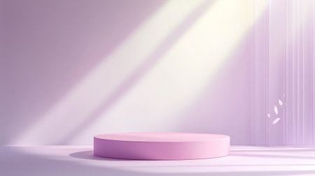 A soft pastel pink podium with a matte finish, placed against a gradient background transitioning from light lavender to white. Soft lighting enhances the delicate, airy atmosphere.の素材