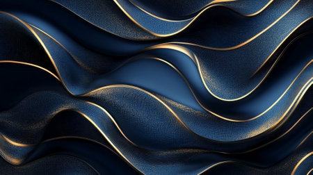 A sophisticated abstract surface with dark geometrical patterns in navy blue and black, combined with soft wavy lines in gold for a luxurious effect.の素材