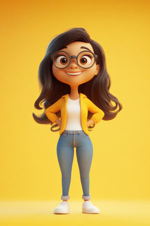 Cartoon 3D character of a young Brazilian woman with glasses, smiling brightly, standing against a light yellow background, expressing energy and happiness.の素材