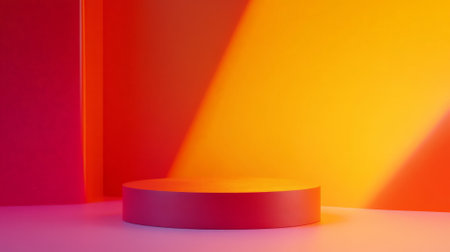 A vibrant orange podium with a matte finish, placed in front of a dynamic gradient background moving from yellow to red. Warm, energetic lighting enhances the bold color palette.の素材