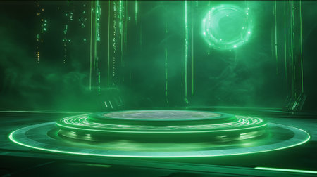 An elegant, futuristic display platform with a soft, green glow and a holographic base, set in a vibrant metaverse filled with swirling digital effects.の素材