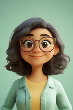 Cartoon 3D character of a middle-aged Hispanic woman with glasses, smiling warmly, standing against a light green background, exuding positivity and friendliness.の素材