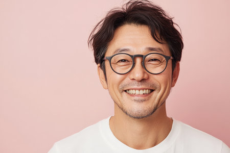 Middle-aged Japanese man with glasses, smiling warmly, radiating calm and friendliness, set against a light pink background, showing a balanced and open personality.の素材