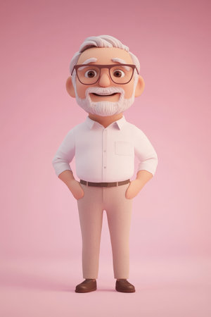 Senior Brazilian man cartoon 3D character with glasses, calm smile, standing against a soft pink background, showing wisdom and friendliness.の素材