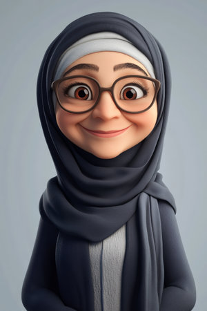 Senior Arabian woman cartoon 3D character with glasses, gentle smile, standing against a light gray background, expressing kindness and calmness.の素材