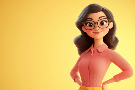 Middle-aged Hispanic woman cartoon 3D character with glasses, warm and friendly smile, standing against a soft yellow background, exuding cheerfulness.の素材