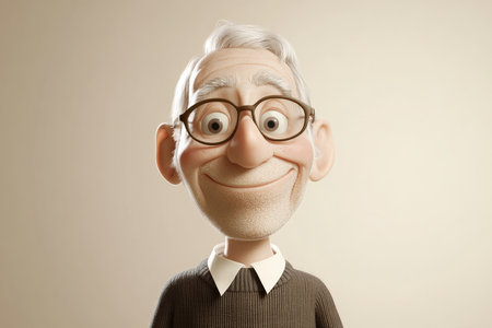 Senior Caucasian man cartoon 3D character with glasses, friendly smile, gentle and wise expression, standing against a pale beige background, radiating warmth.の素材