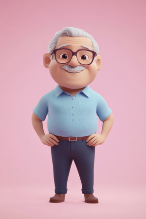 Senior Brazilian man cartoon 3D character with glasses, calm smile, standing against a soft pink background, showing wisdom and friendliness.の素材