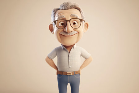Senior Caucasian man cartoon 3D character with glasses, friendly smile, gentle and wise expression, standing against a pale beige background, radiating warmth.の素材