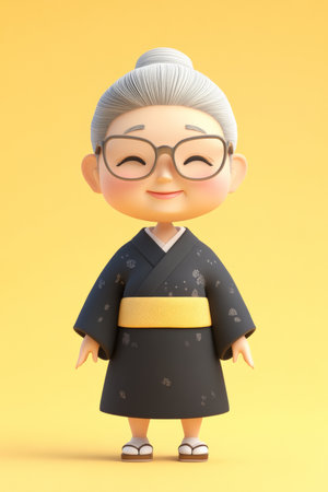 Senior Japanese woman cartoon 3D character with glasses, gentle smile, standing against a soft yellow background, projecting calmness and wisdom.の素材