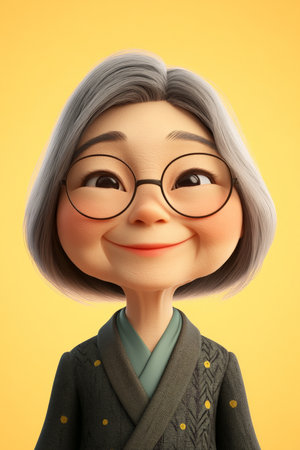 Senior Japanese woman cartoon 3D character with glasses, gentle smile, standing against a soft yellow background, projecting calmness and wisdom.の素材