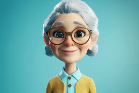 Senior Caucasian woman cartoon 3D character with glasses, gentle smile, standing against a soft pastel blue background, radiating kindness and calmness.の素材