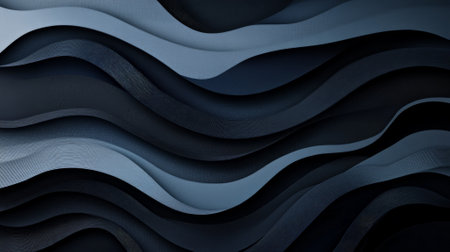 A dark, dramatic abstract paper cut design with deep layers in black, midnight blue, and dark gray, with smooth waves adding depth.の素材