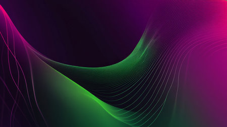 A bold gradient background shifting from neon green to deep purple, with sharp dynamic lines cutting through the smooth flow.の素材