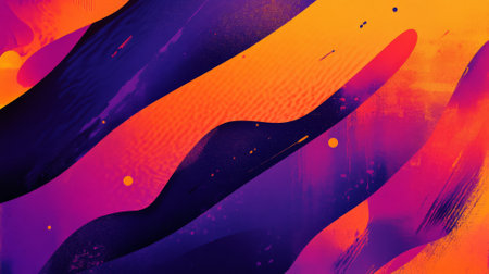 Bold, dynamic gradient from deep purple to bright orange, with sharp abstract shapes slicing through the composition, creating contrast and energy.の素材
