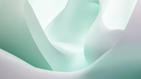 Minimalist abstract background with soft gradient tones of light mint green and pale lavender, featuring subtle neumorphic elements creating depth and dimension.の素材