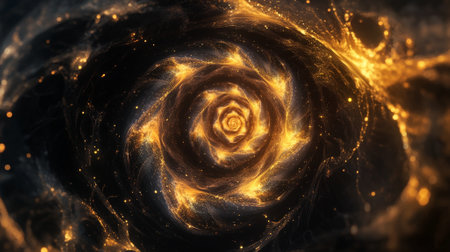 A dark background with glowing golden spirals swirling inward, creating a mesmerizing, dynamic effect.の素材