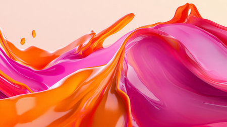 A dynamic 3D splash of bright orange and deep pink, with vibrant, fluid shapes spreading outward, creating an energetic and lively abstract background with smooth transitions.の素材