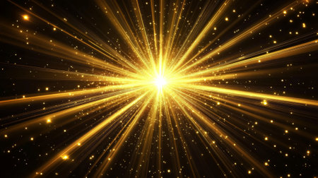A dark background with golden light rays radiating out from the center, creating a dynamic, radiant effect.の素材