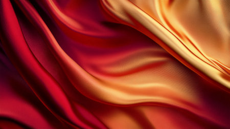 A flowing abstract background with luxurious silk folds in shades of rich gold and crimson, creating dynamic curves and smooth textures.の素材