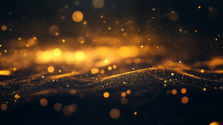 A dark background with golden light dots softly fading into the distance, creating a dreamy, tranquil mood.の素材