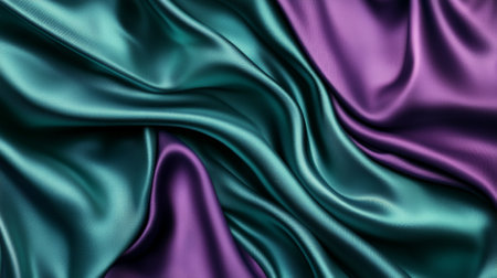 A luxurious silk texture in shades of emerald green and soft violet, with abstract flowing waves and smooth, glossy folds.の素材