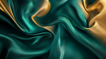 A flowing abstract background with silk folds in rich emerald and soft gold, with smooth textures and glossy highlights creating depth and elegance.の素材