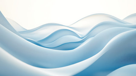 A calming 3D wave pattern in soft blue gradients, flowing gently across a bright white backdrop with subtle light reflections and smooth, flowing curves.の素材