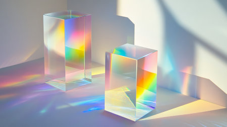 A minimalist design with glass prisms refracting soft gradients of color, creating subtle rainbow hues across a smooth, white backdrop.の素材