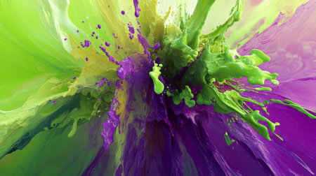 A striking 3D splash of bright green and vivid purple, with bold, dynamic forms spreading outward, creating a lively and abstract energetic background with vivid colors.の素材