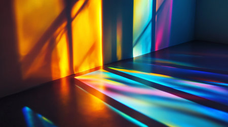 A spectrum of light passes through abstract prisms, casting soft gradients of color from blue to yellow on a smooth, glossy black surface.の素材