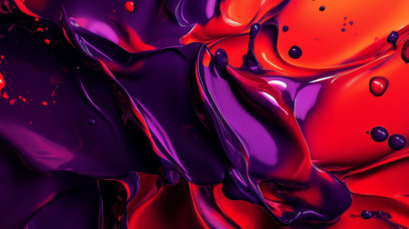 A vibrant 3D splash of crimson red and deep purple, with fluid, expanding shapes creating a dramatic and energetic abstract background with rich, bold colors.の素材