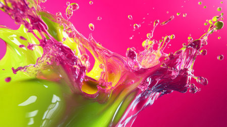 A vibrant 3D splash of neon pink and lime green, with energetic, fluid shapes bursting outward, creating a high-energy and colorful abstract background with vivid colors.の素材